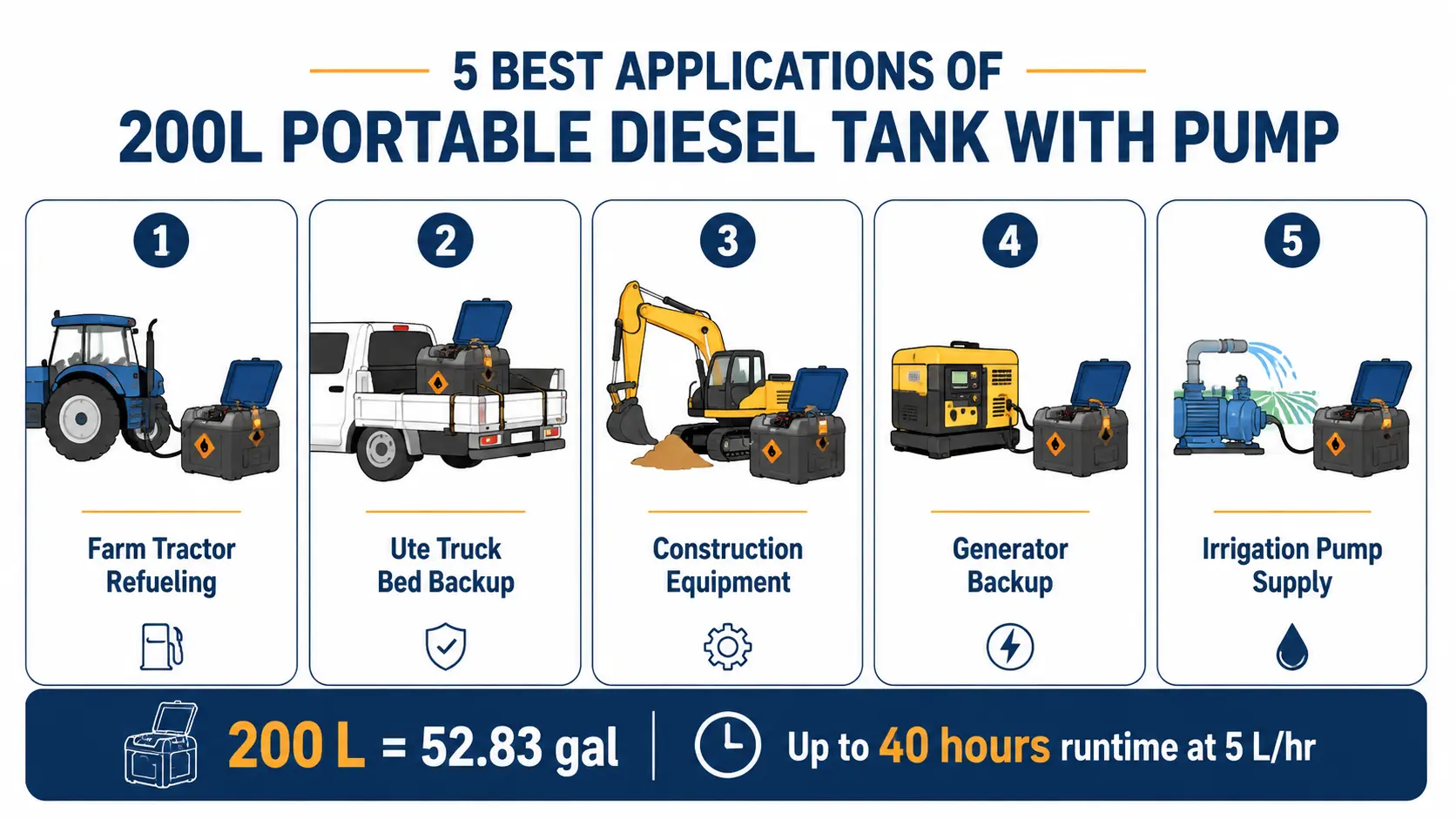Best applications of 200L portable diesel tank with pump including farm tractor refueling, ute truck bed backup, construction equipment, generator backup, and irrigation pump