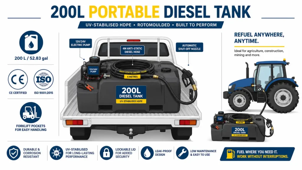 200L portable diesel tank with pump infographic showing UV-stabilized HDPE tank, electric pump, hose reel, nozzle, and ute truck bed application scene