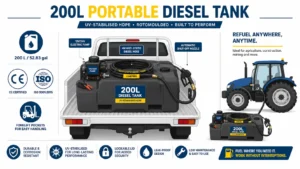 200L portable diesel tank with pump infographic showing UV-stabilized HDPE tank, electric pump, hose reel, nozzle, and ute truck bed application scene