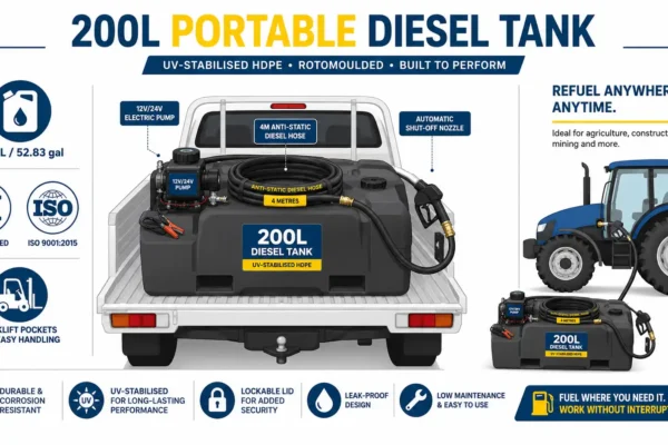 200L portable diesel tank with pump infographic showing UV-stabilized HDPE tank, electric pump, hose reel, nozzle, and ute truck bed application scene