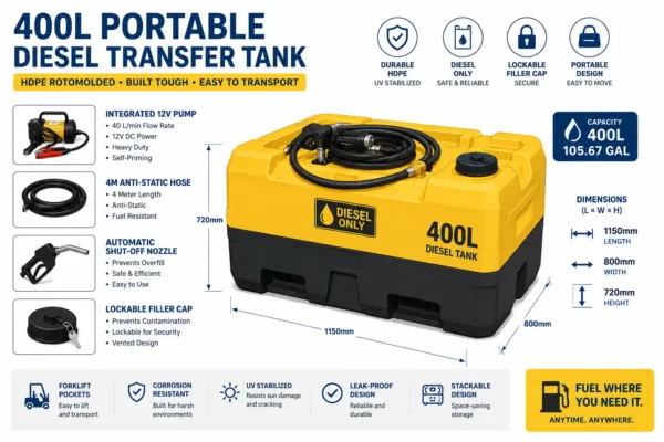 400L HDPE portable diesel transfer tank with 12V pump on construction site