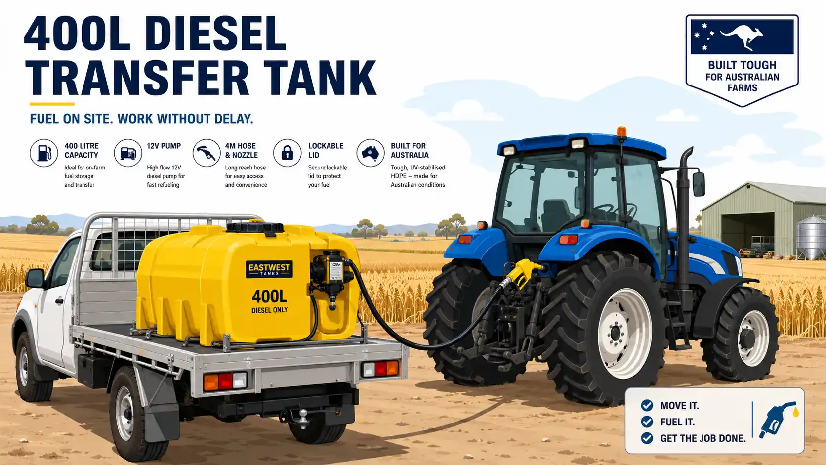 400L diesel transfer tank refueling tractor on Australian farm