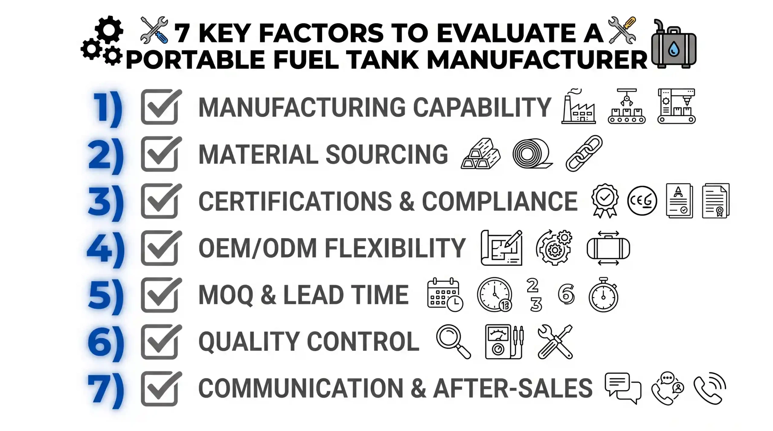 Seven key factors checklist infographic for choosing diesel fuel tank manufacturer in China covering capability, material, certification, OEM, MOQ, QC, and communication