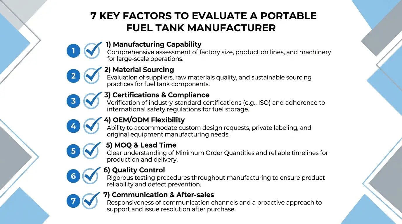 Seven key factors checklist infographic for choosing portable fuel tank manufacturer covering capability, material, certification, OEM, MOQ, QC, communication