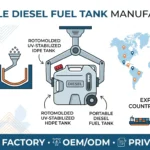 Portable fuel tank manufacturer MEBIUSE factory OEM production line infographic showing rotomolding equipment, HDPE tank, and global export flow