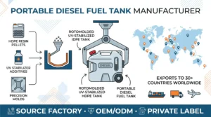Portable fuel tank manufacturer MEBIUSE factory OEM production line infographic showing rotomolding equipment, HDPE tank, and global export flow
