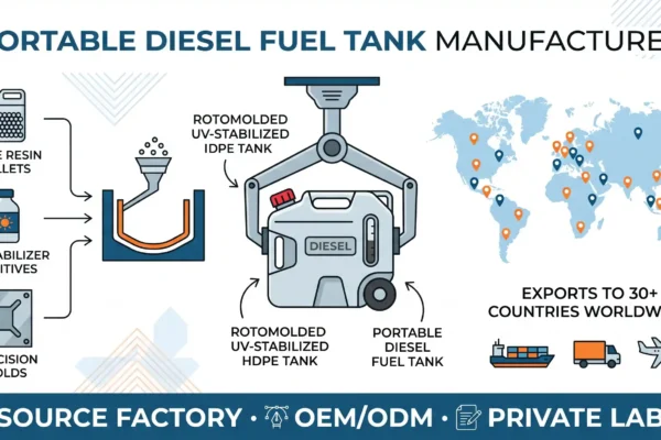 Portable fuel tank manufacturer MEBIUSE factory OEM production line infographic showing rotomolding equipment, HDPE tank, and global export flow