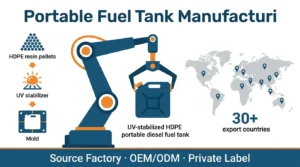Portable fuel tank manufacturer MEBIUSE factory OEM production line infographic showing rotomolding equipment, HDPE tank, and global export flow