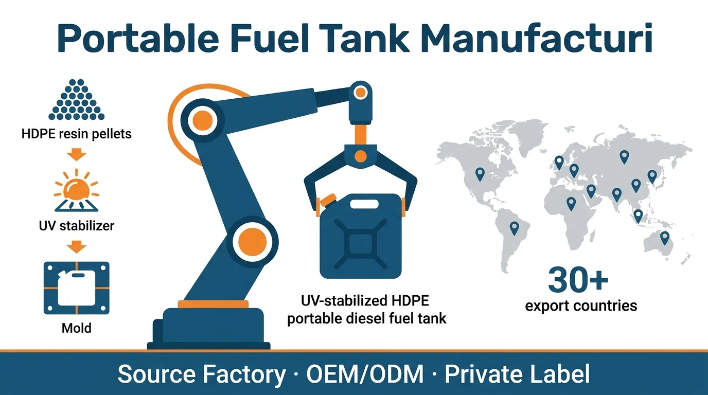 Portable fuel tank manufacturer MEBIUSE factory OEM production line infographic showing rotomolding equipment, HDPE tank, and global export flow