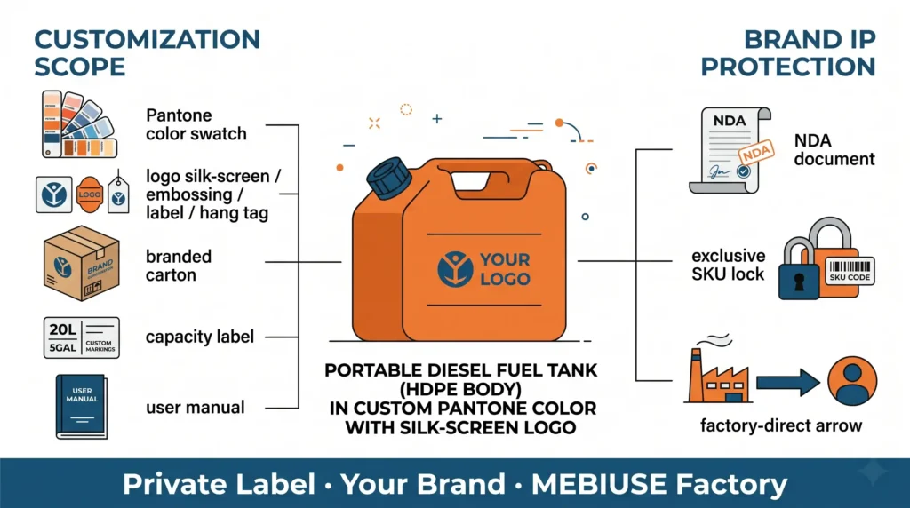 Private label portable fuel tanks branding and OEM workflow infographic showing color, logo, packaging customization