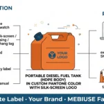 Private label portable fuel tanks branding and OEM workflow infographic showing color, logo, packaging customization