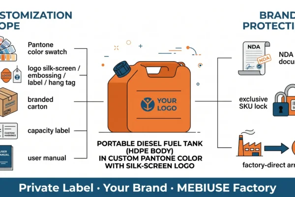 Private label portable fuel tanks branding and OEM workflow infographic showing color, logo, packaging customization