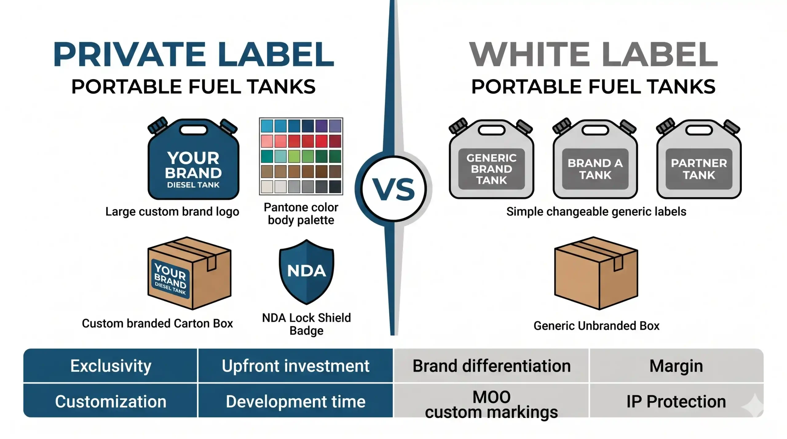 Private label portable fuel tanks vs white label side-by-side comparison infographic showing exclusivity, customization, MOQ, packaging and brand IP protection