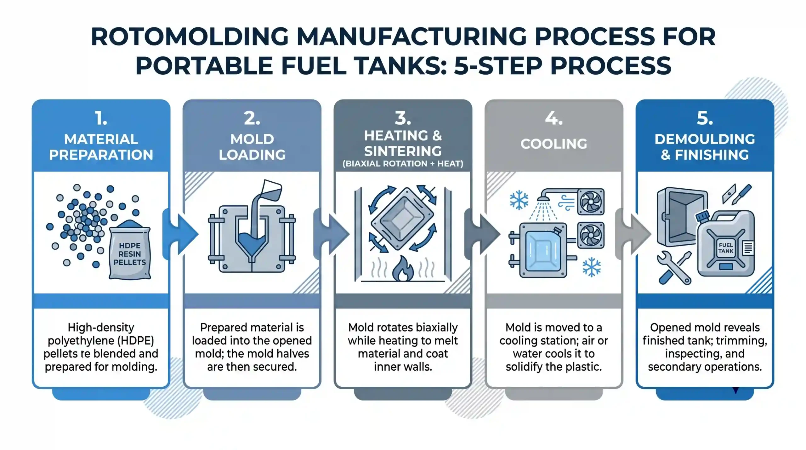 Rotomolding process infographic for diesel fuel tanks manufactured in China covering biaxial rotation, heating, cooling, de-moulding, and HDPE output for OEM buyers comparing China vs other hubs