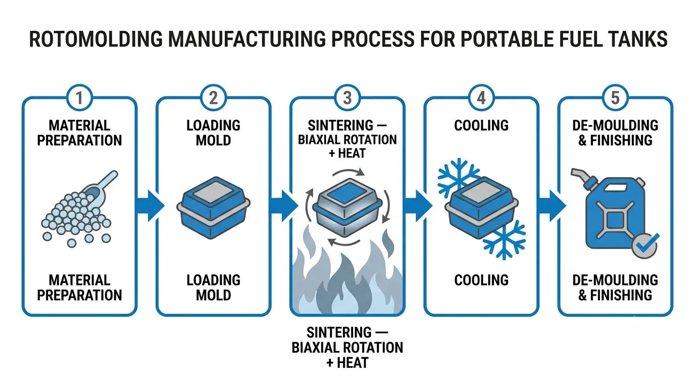 Rotomolding manufacturing process for portable diesel fuel tanks showing biaxial rotation, heating, cooling and seamless HDPE output