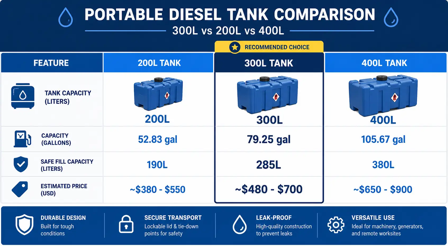 300L vs 200L vs 400L Diesel Tank Comparison Chart