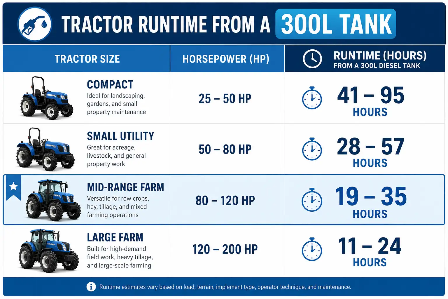 300L Diesel Tank Tractor Runtime by HP Class