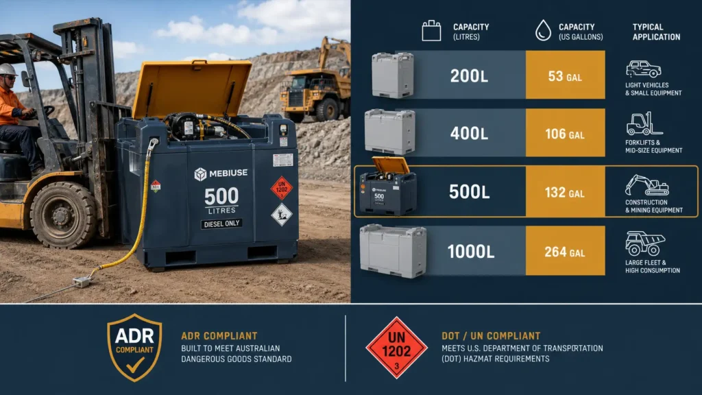 500L Heavy-Duty Diesel Transfer Tank Buying Guide — MEBIUSE MBS600L specifications, ADR compliance, and applications for mining and construction