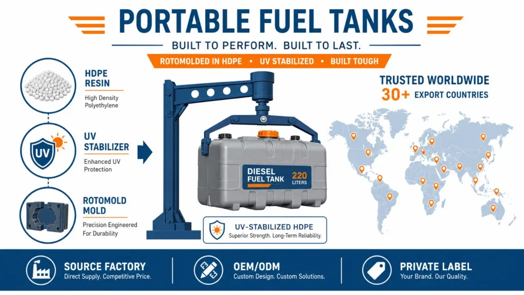Portable fuel tank manufacturer MEBIUSE factory OEM production line infographic