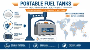 Portable fuel tank manufacturer MEBIUSE factory OEM production line infographic