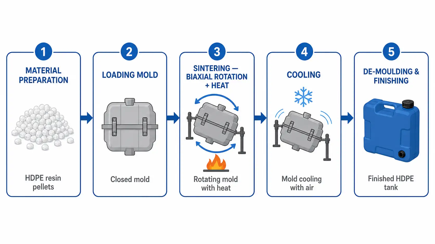 Rotomolding manufacturing process for portable diesel fuel tanks showing biaxial rotation, heating, cooling and seamless HDPE output