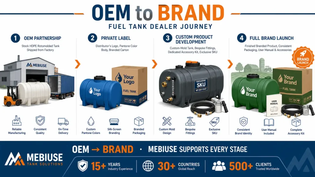 From OEM to brand: MEBIUSE support for fuel tank dealers' brand development, illustrated as a four-stage journey from OEM procurement to full brand launch