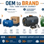 From OEM to brand: MEBIUSE support for fuel tank dealers' brand development, illustrated as a four-stage journey from OEM procurement to full brand launch