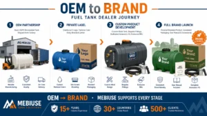 From OEM to brand: MEBIUSE support for fuel tank dealers' brand development, illustrated as a four-stage journey from OEM procurement to full brand launch