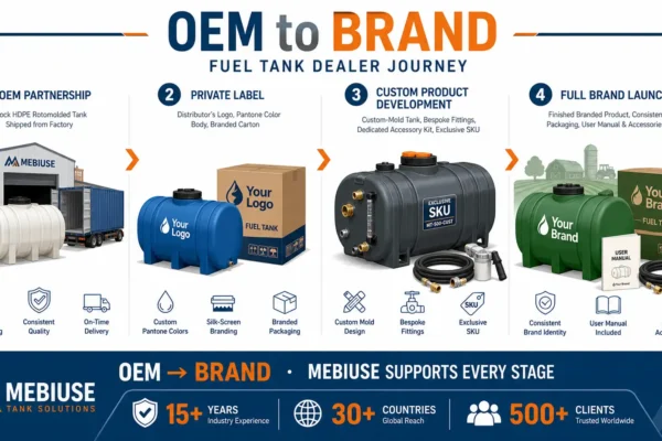 From OEM to brand: MEBIUSE support for fuel tank dealers' brand development, illustrated as a four-stage journey from OEM procurement to full brand launch
