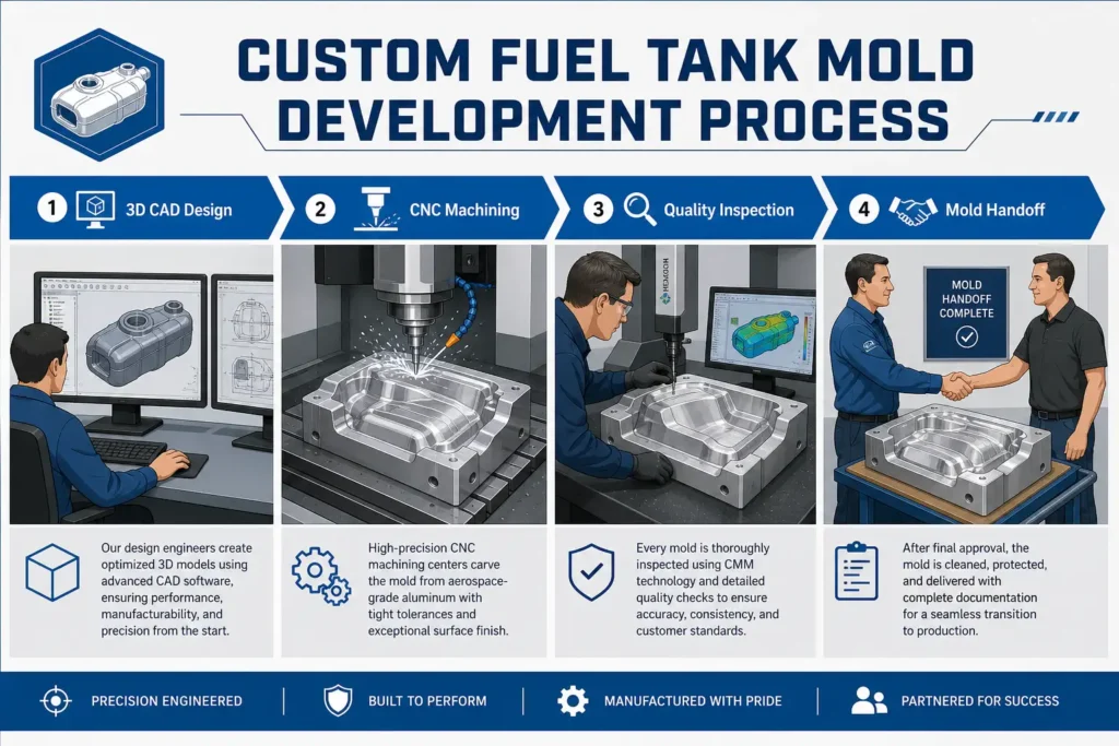 Custom fuel tank mold development process: MEBIUSE CAD design and CNC machining infographic