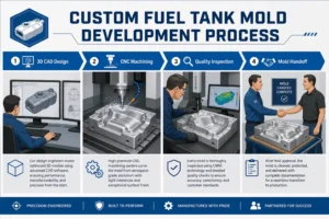 Custom fuel tank mold development process: MEBIUSE CAD design and CNC machining infographic