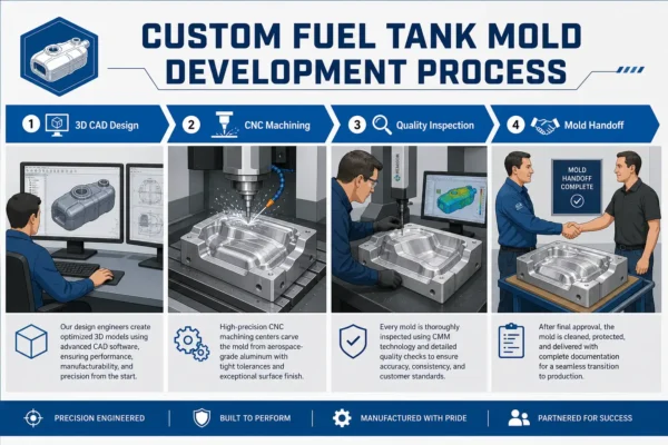 Custom fuel tank mold development process: MEBIUSE CAD design and CNC machining infographic