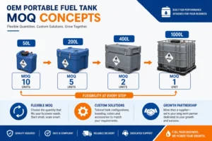 MOQ for OEM portable fuel tanks: MEBIUSE flexible minimum order quantity options infographic