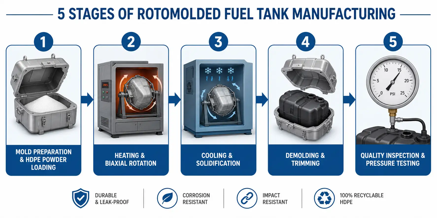 Five stages of rotomolded fuel tank manufacturing process: mold prep, heating, cooling, demolding, quality testing