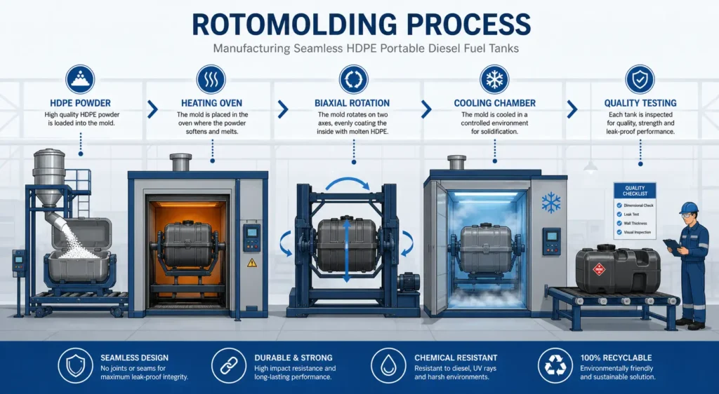 Rotomolded fuel tank manufacturing process: MEBIUSE rotomolding factory HDPE production line infographic