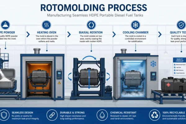 Rotomolded fuel tank manufacturing process: MEBIUSE rotomolding factory HDPE production line infographic