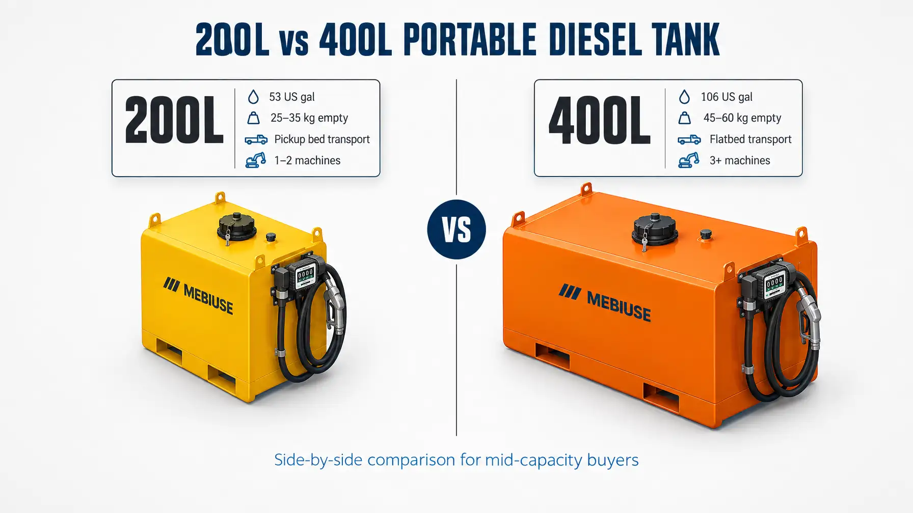 200L vs 400L portable diesel tank side-by-side comparison infographic