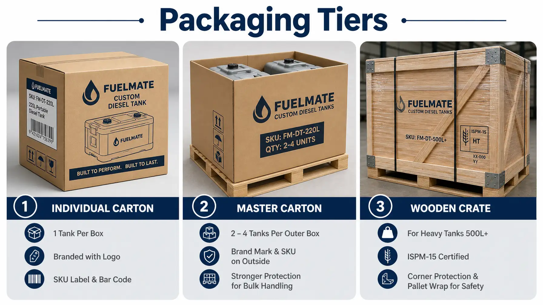 Packaging tiers for custom branded portable diesel tanks: individual carton, master carton, wooden crate infographic