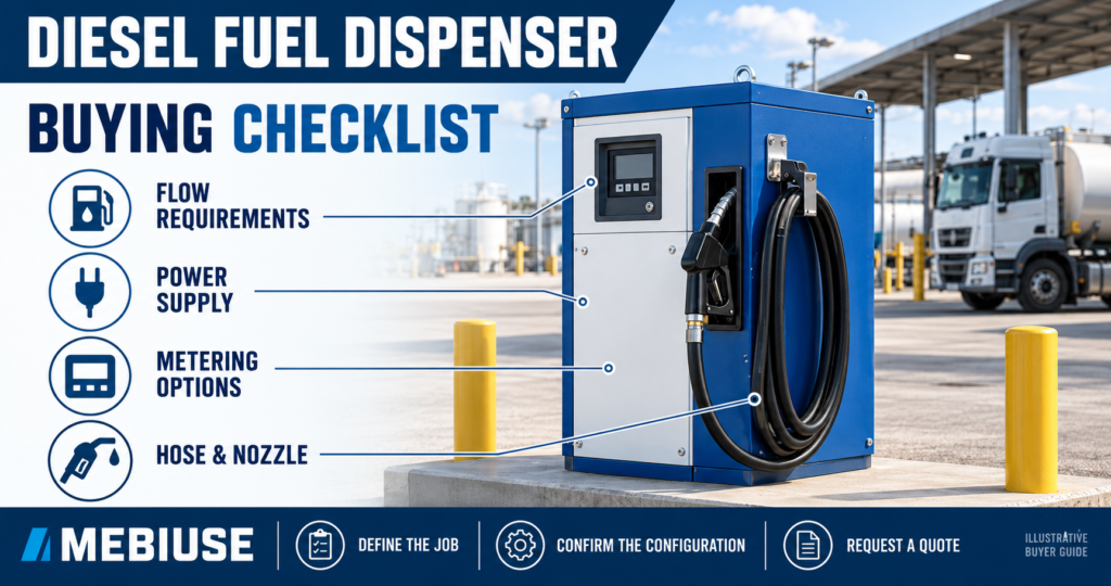 Illustrated diesel fuel dispenser buying checklist covering flow, power, metering, hose and nozzle requirements