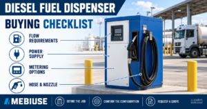 Illustrated diesel fuel dispenser buying checklist covering flow, power, metering, hose and nozzle requirements