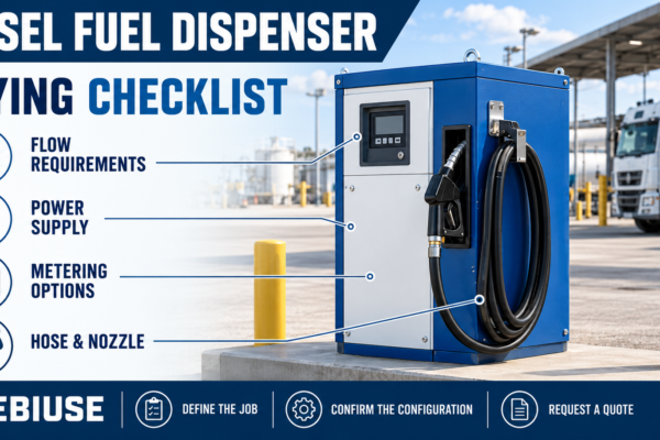 Illustrated diesel fuel dispenser buying checklist covering flow, power, metering, hose and nozzle requirements