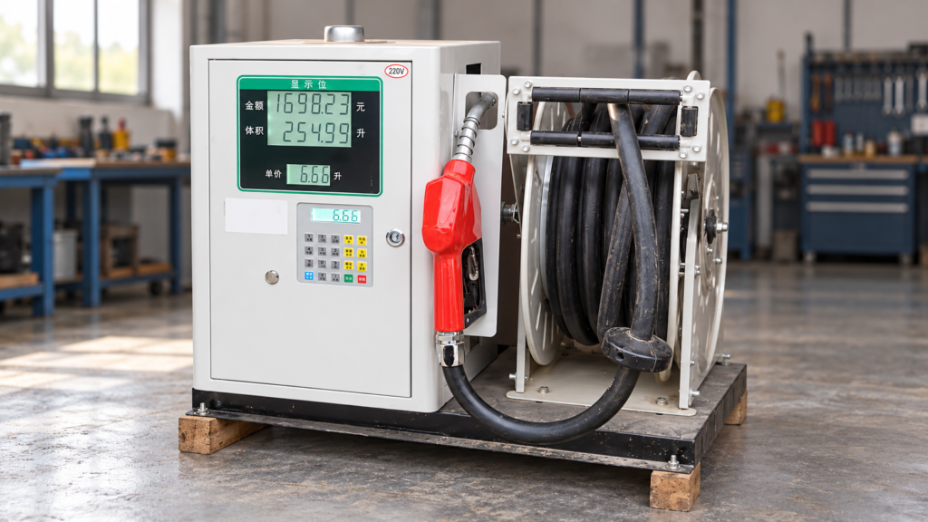 AI-rendered illustration based on a MEBIUSE fuel dispenser with display, red nozzle and hose reel in a workshop
