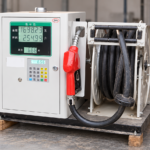AI-rendered illustration based on a MEBIUSE fuel dispenser with display, red nozzle and hose reel in a workshop