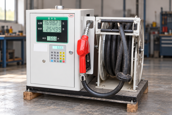 AI-rendered illustration based on a MEBIUSE fuel dispenser with display, red nozzle and hose reel in a workshop