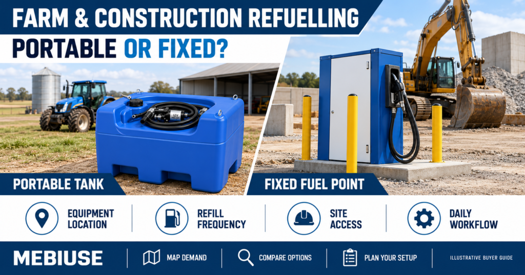 Farm and construction refuelling illustration comparing a portable diesel tank with a fixed fuel point