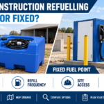 Farm and construction refuelling illustration comparing a portable diesel tank with a fixed fuel point