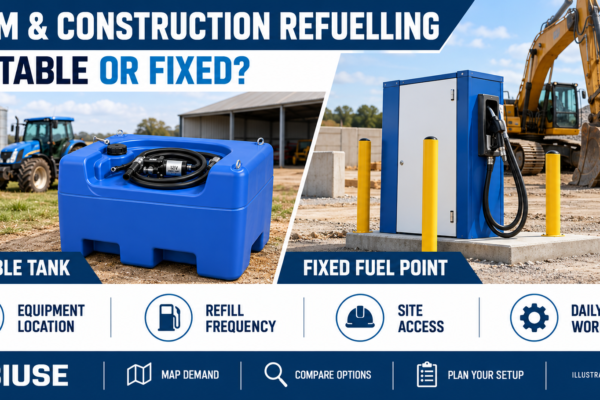 Farm and construction refuelling illustration comparing a portable diesel tank with a fixed fuel point