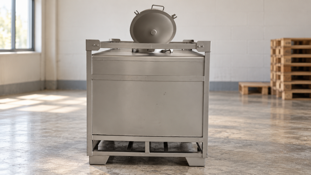 AI-rendered illustration based on a MEBIUSE metal IBC tank with an open inspection hatch in a warehouse receiving area