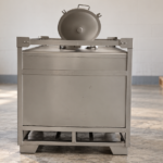 AI-rendered illustration based on a MEBIUSE metal IBC tank with an open inspection hatch in a warehouse receiving area