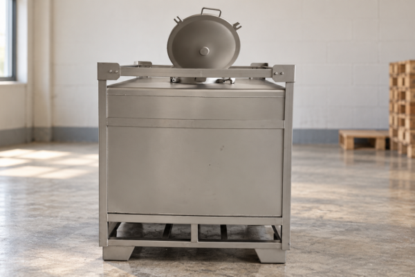 AI-rendered illustration based on a MEBIUSE metal IBC tank with an open inspection hatch in a warehouse receiving area